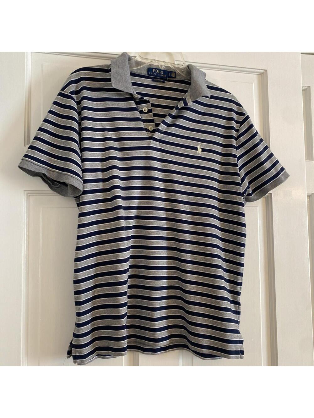 Polo Golf Ralph Lauren Shirt Mens Large Blue Striped Soft Cotton 1/3 Button